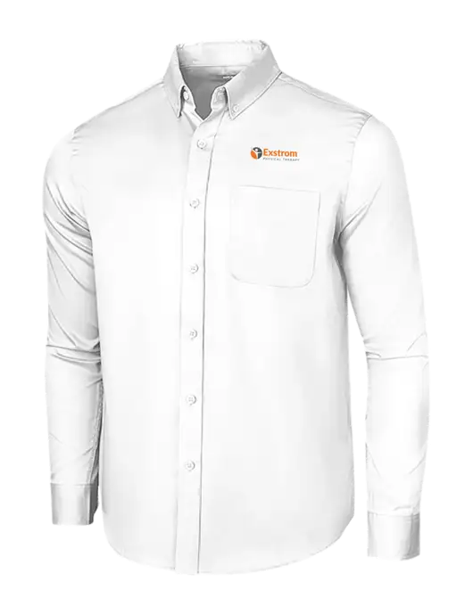 Long Sleeve White Superpro React Twill Shirt w/Exstrom Logo