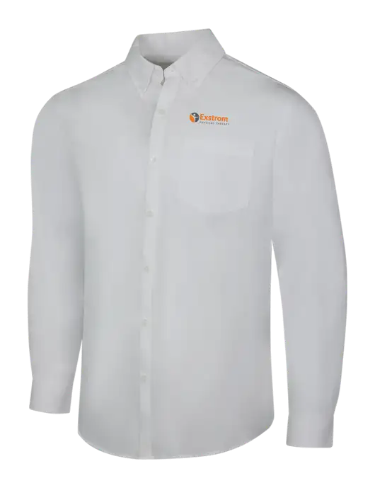 White Long Sleeve Carefree Poplin Shirt w/Exstrom Logo