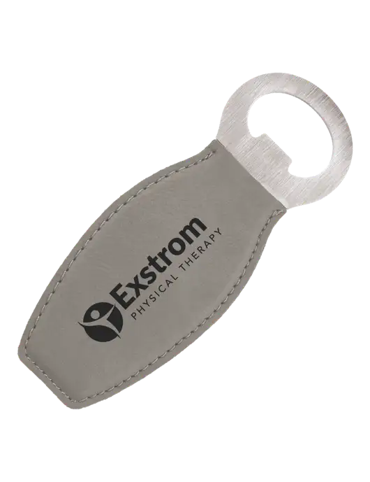 Grey Leatherette Bottle Opener with Magnet w/Exstrom Logo