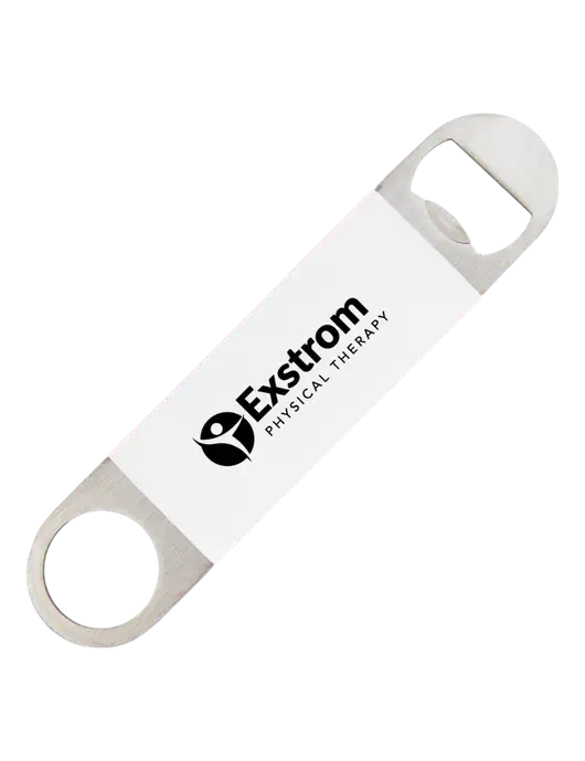 White Bottle Opener with Silicone Grip w/Exstrom Logo