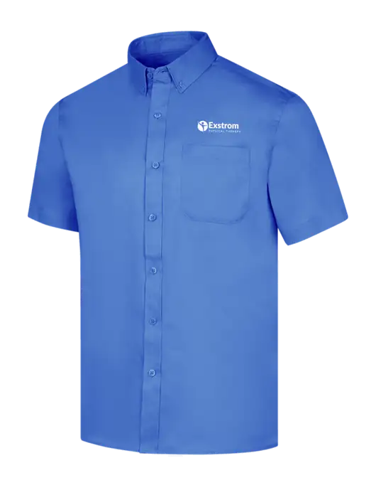 Short Sleeve Dark Carolina Blue Superpro React Twill Shirt w/Exstrom Logo
