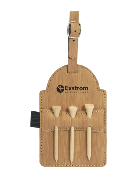 Bamboo Leatherette Golf Bag Tag with 3 Wooden Tees w/Exstrom Logo