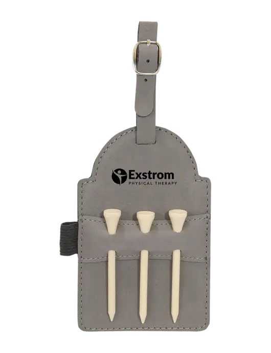Grey Leatherette Golf Bag Tag with 3 Wooden Tees w/Exstrom Logo
