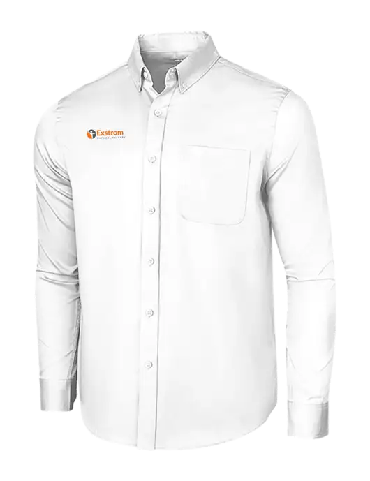 Long Sleeve White Superpro React Twill Shirt w/Exstrom Logo