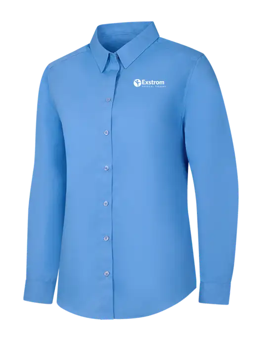 Womens Carolina Blue Long Sleeve Carefree Poplin Shirt w/Exstrom Logo