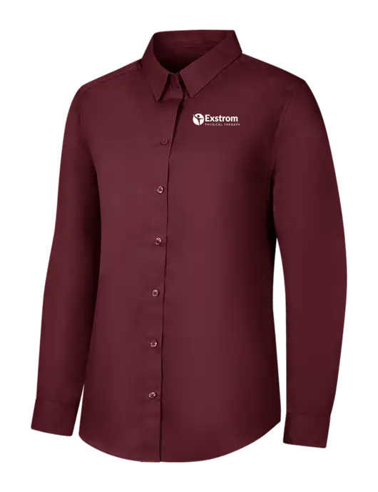 Womens Maroon Long Sleeve Carefree Poplin Shirt w/Exstrom Logo
