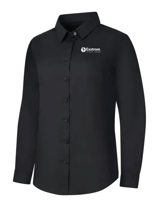 Womens Black Long Sleeve Carefree Poplin Shirt w/Exstrom Logo