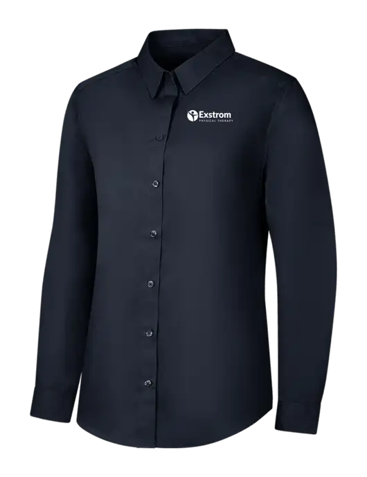 Womens River Blue Navy Long Sleeve Carefree Poplin Shirt w/Exstrom Logo
