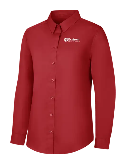 Womens Rich Red  Long Sleeve Carefree Poplin Shirt w/Exstrom Logo