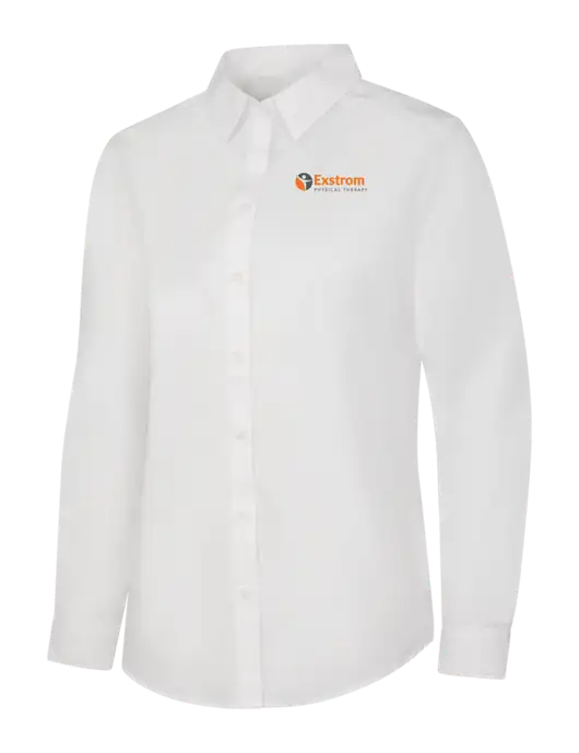 Womens White Long Sleeve Carefree Poplin Shirt w/Exstrom Logo