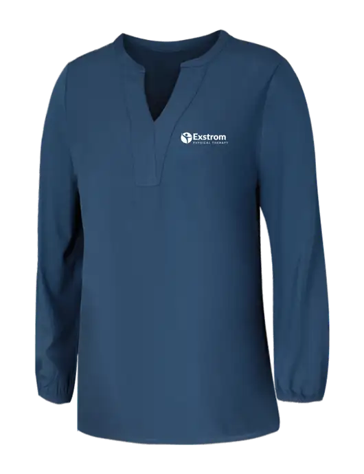 Mercer+Mettle Womens Light Navy Blue Grey Stretch Crepe 3/4 Sleeve Blouse w/Exstrom Logo