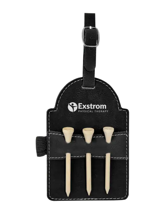 Black Leatherette Golf Bag Tag with 3 Wooden Tees w/Exstrom Logo