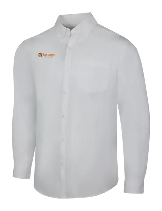 White Long Sleeve Carefree Poplin Shirt w/Exstrom Logo