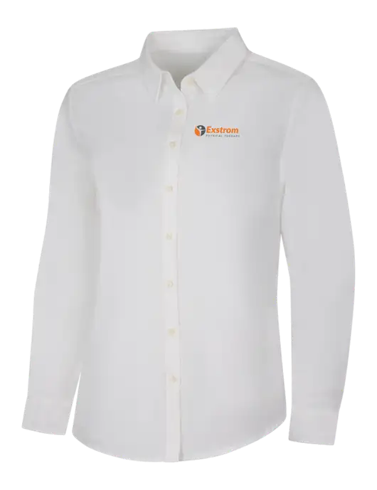 Womens White Long Sleeve Superpro React Twill Shirt w/Exstrom Logo
