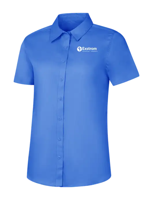 Womens Dark Carolina Blue Short Sleeve Superpro React Twill Shirt w/Exstrom Logo