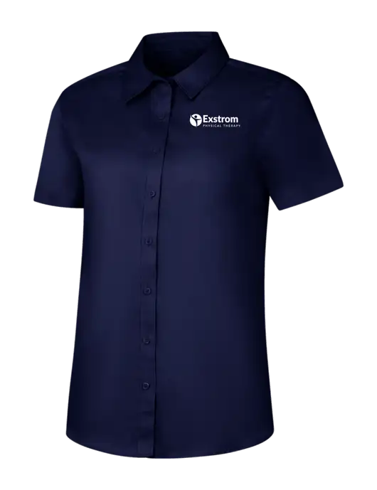 Womens Navy Short Sleeve Superpro React Twill Shirt w/Exstrom Logo
