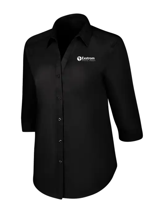 Womens Black 3/4 Sleeve Carefree Poplin Shirt w/Exstrom Logo