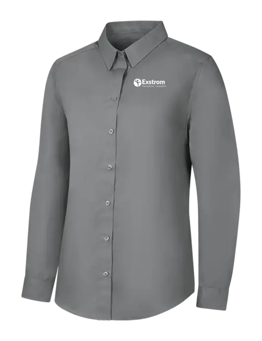 Womens Medium Grey Long Sleeve Carefree Poplin Shirt w/Exstrom Logo