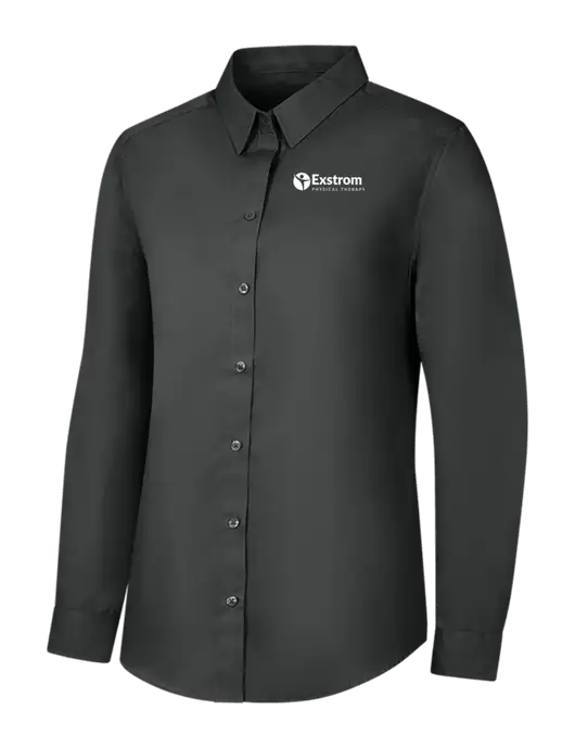 Womens Dark Grey Long Sleeve Carefree Poplin Shirt w/Exstrom Logo