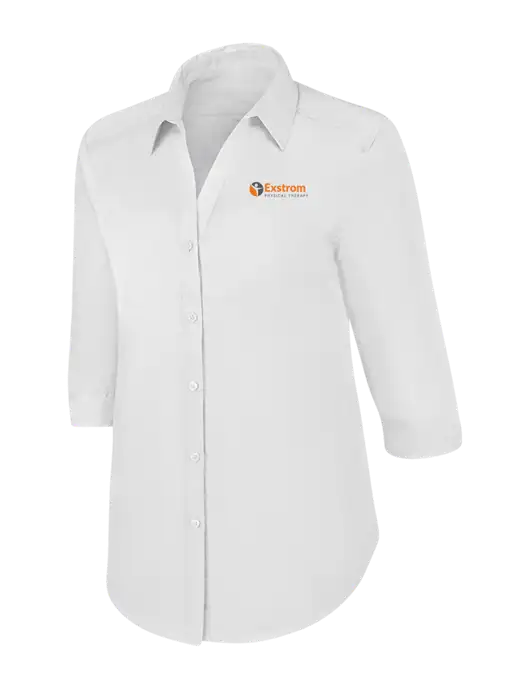Womens White 3/4 Sleeve Carefree Poplin Shirt w/Exstrom Logo