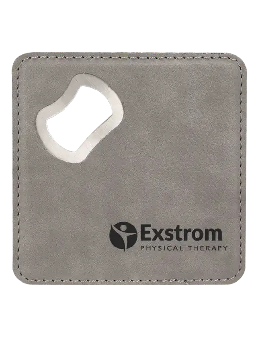 Grey Leatherette Coaster with Bottle Opener w/Exstrom Logo