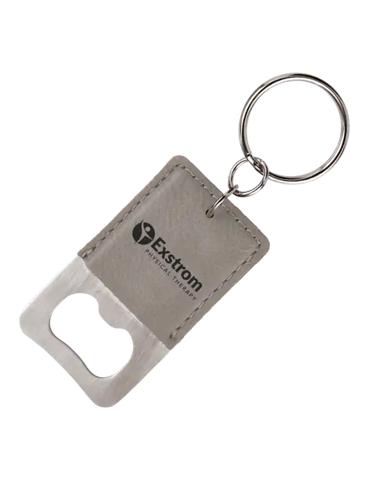 Grey Leatherette Rectangle Bottle Opener Keychain w/Exstrom Logo