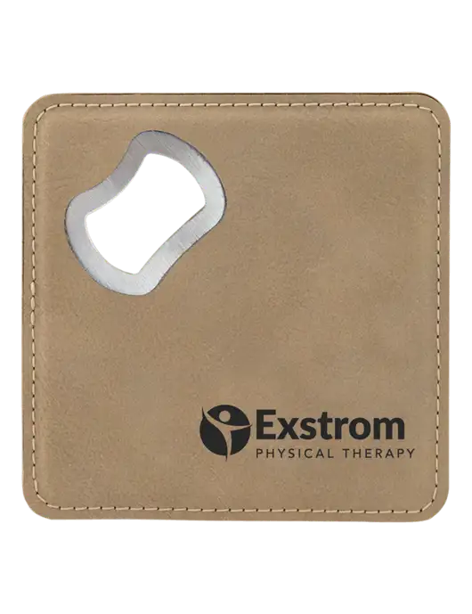Tan Leatherette Bottle Opener Coaster w/Exstrom Logo