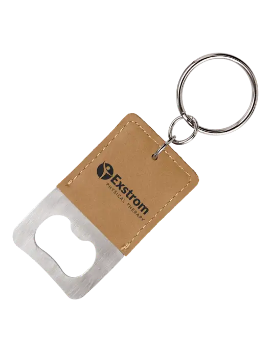 Tan Leatherette Rectangle Bottle Opener Keychain w/Exstrom Logo