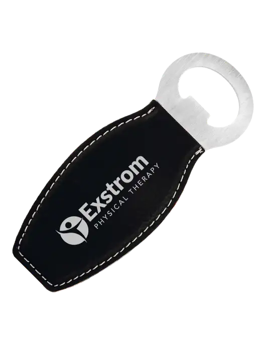 Black Leatherette Bottle Opener with Magnet w/Exstrom Logo