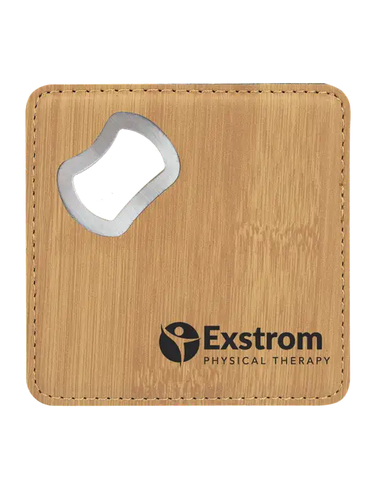 Bamboo Leatherette Coaster with Bottle Opener w/Exstrom Logo