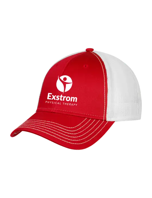 Red/White Mesh Trucker Cap Snap Back w/Exstrom Logo