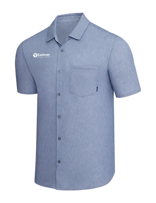 OGIO Slate Blue Heather Extend Short Sleeve Button Up Shirt w/Exstrom Logo
