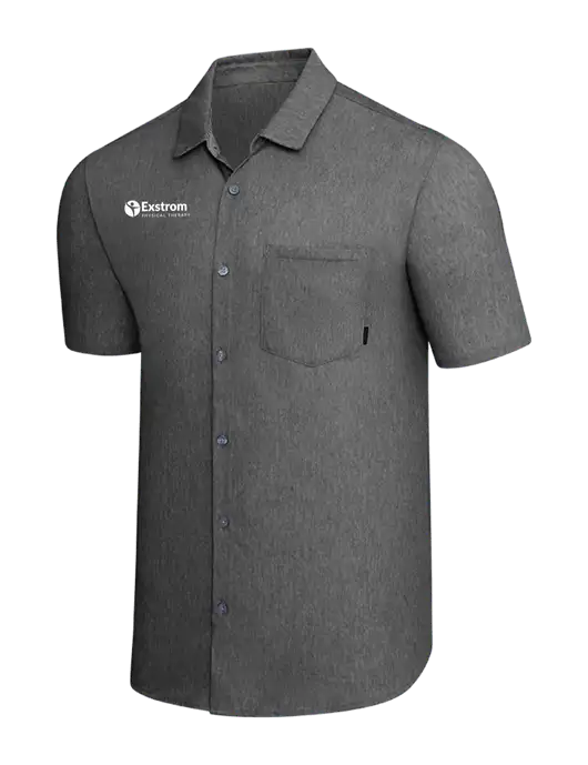 OGIO Dark Grey Heather Extend Short Sleeve Button Up Shirt w/Exstrom Logo