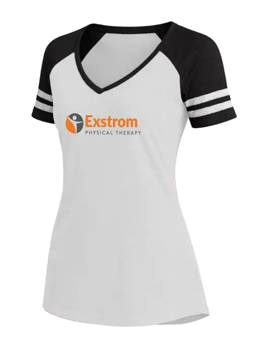 Womens White/Black V-Neck Game Tee w/Exstrom Logo