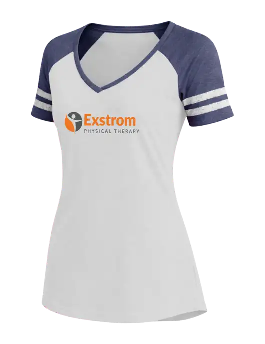 Womens White/Navy Heather V-Neck Game Tee w/Exstrom Logo