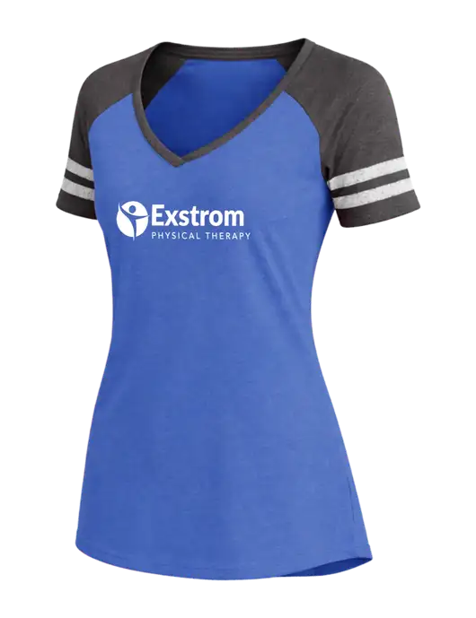 Womens Royal Heather/Charcoal Heather V-Neck Game Tee w/Exstrom Logo