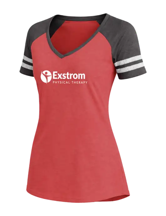 Womens Red Heather/Charcoal Heather V-Neck Game Tee w/Exstrom Logo