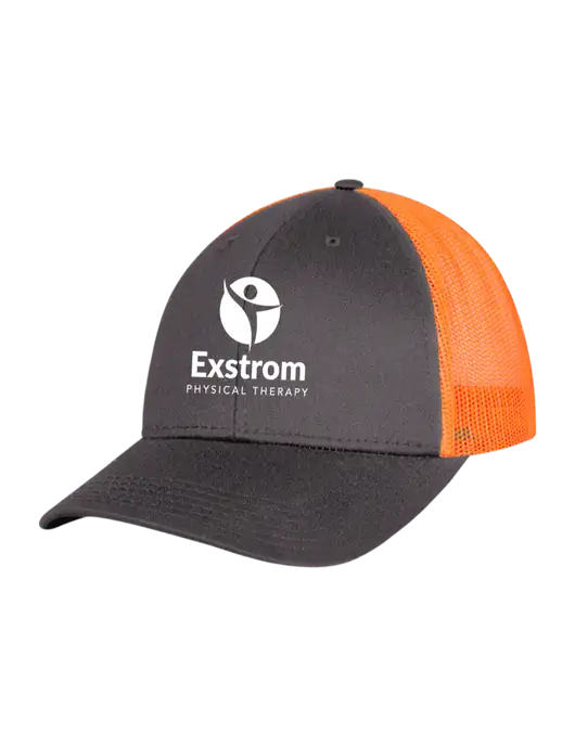 Neon Orange/Charcoal Mesh Trucker Cap Snap Back w/Exstrom Logo