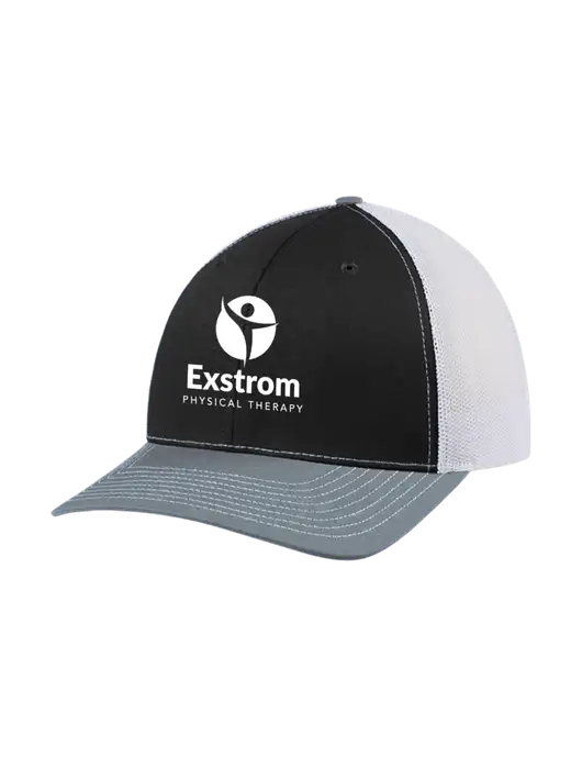 Richardson Adjustable Snapback Original 112 Trucker Cap Black/Light Heather Grey/White Mesh w/Exstrom Logo