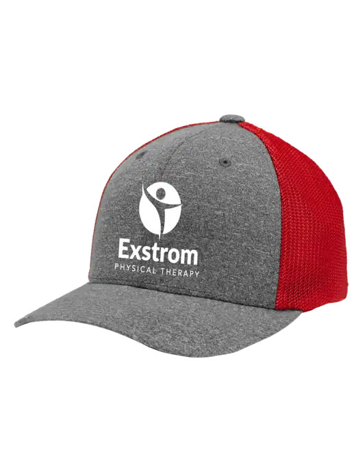 Flexfit Red/Medium Grey Heather Melange Mesh Back Trucker Cap w/Exstrom Logo